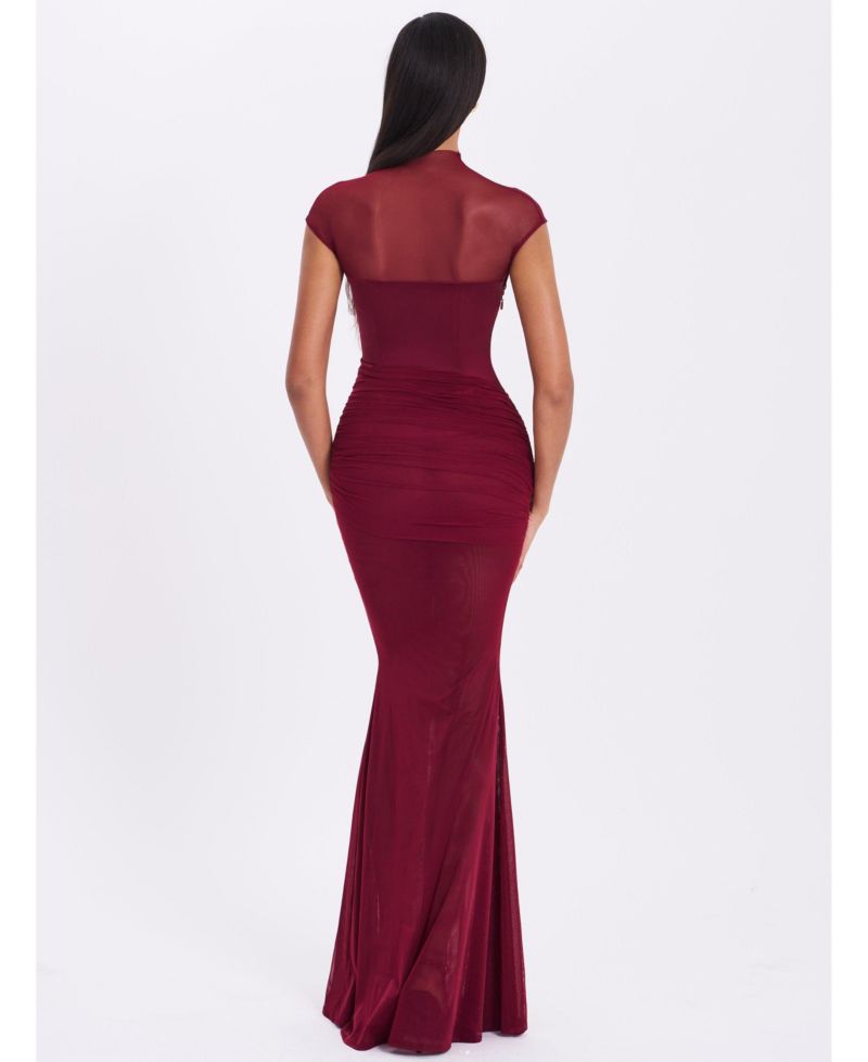 Women's Fabienne Burgundy Mesh Cap Sleeve Mermaid Gown