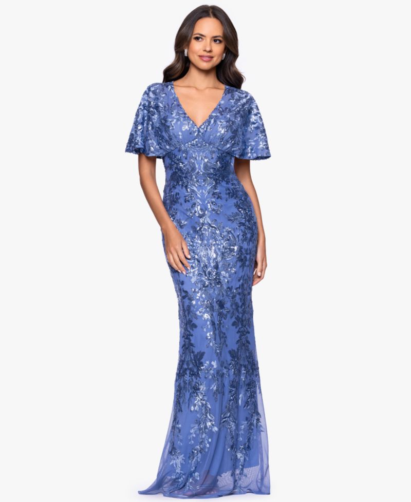 Petite Sequin Detail V-Neck Long Sheath Dress