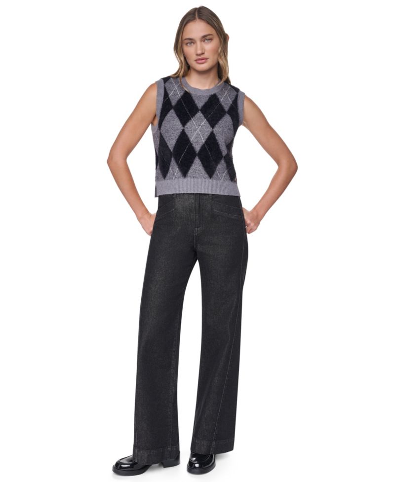 Women's Argyle Fuzzy-Yarn Side-Slit Crewneck Vest Sweater