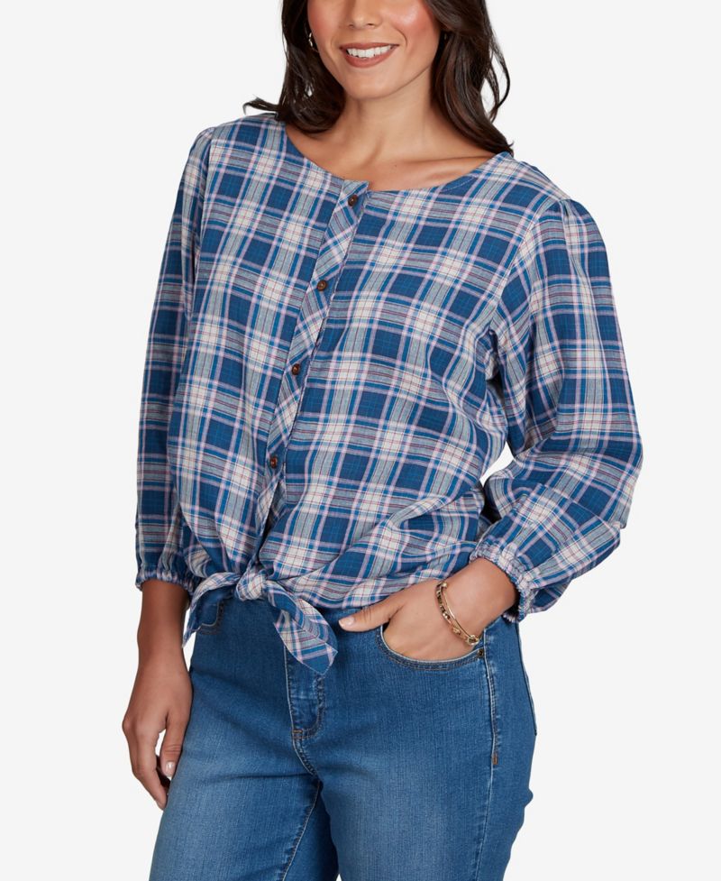 Petite Homestead Plaid 3/4-Sleeve Button-Front Top