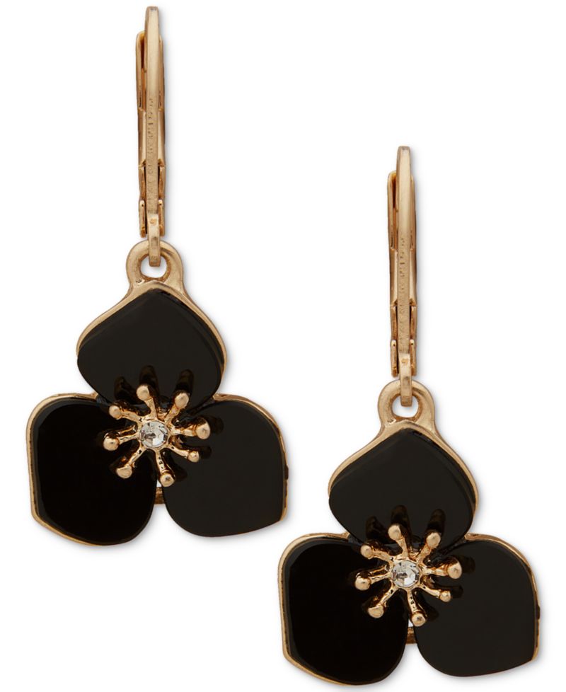 Gold-Tone Pav&eacute; Jet Flower Drop Earrings