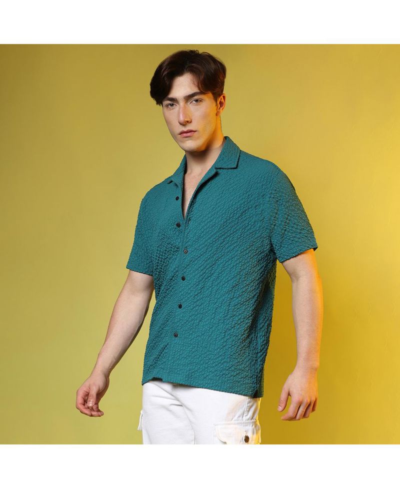 Men's Teal Green Self-Design Creased Striped Shirt