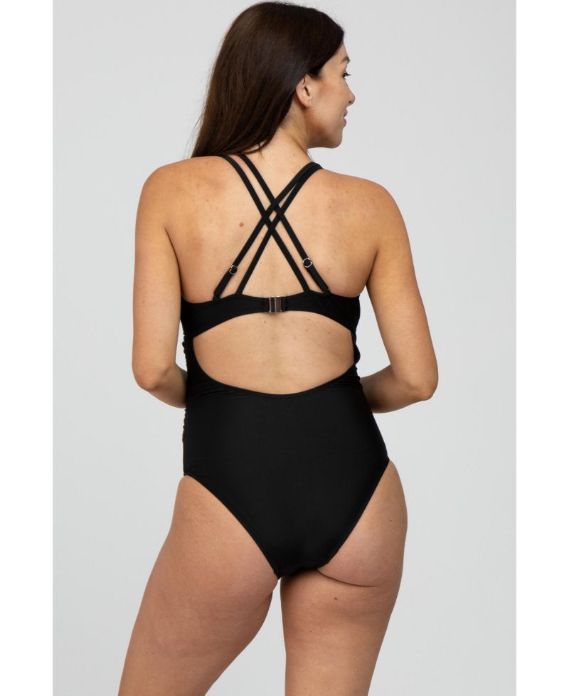 Women's Ruched Side Strappy Cross Back One Piece Swimsuit