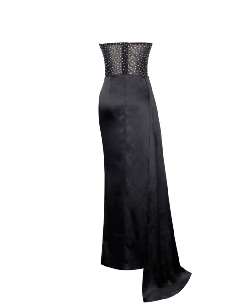 Women's Holly Black Crystallized Corset High Slit Satin Gown