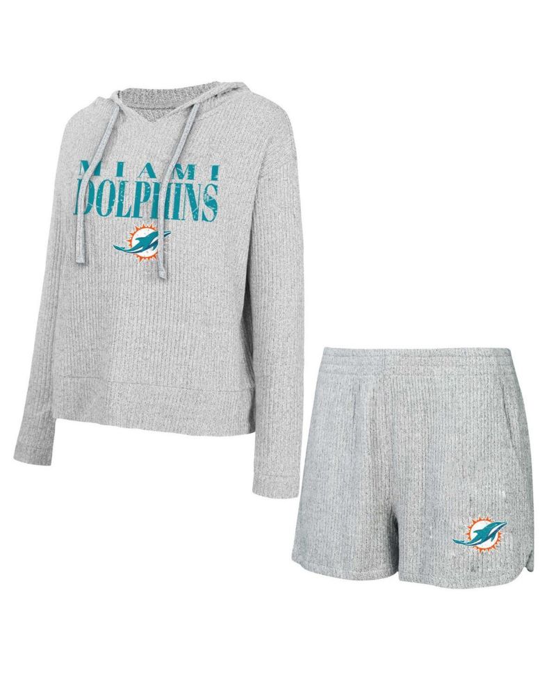 Women's Gray Miami Dolphins Juniper Long Sleeve Hoodie T-Shirt Shorts Set