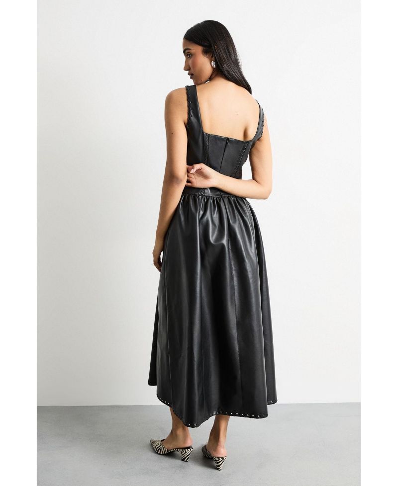 Women's Faux Leather Whipstitch Trim Midi Dress