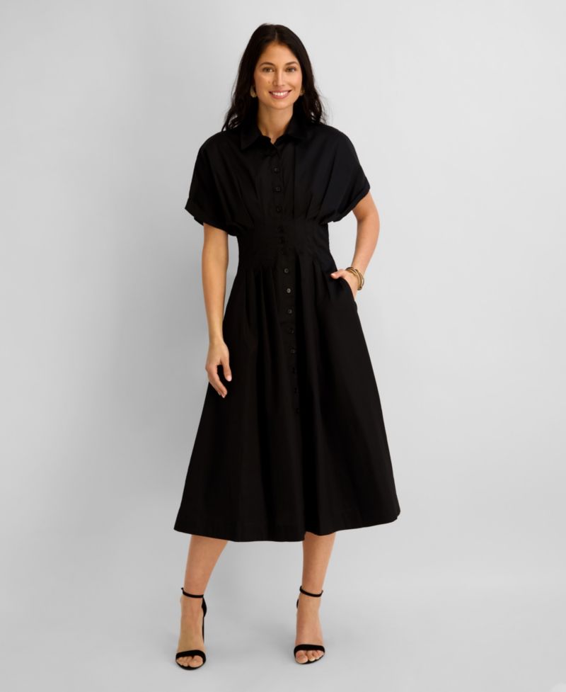 Women's Button-Front Cinched Waist Cotton Midi Shirt-Dress