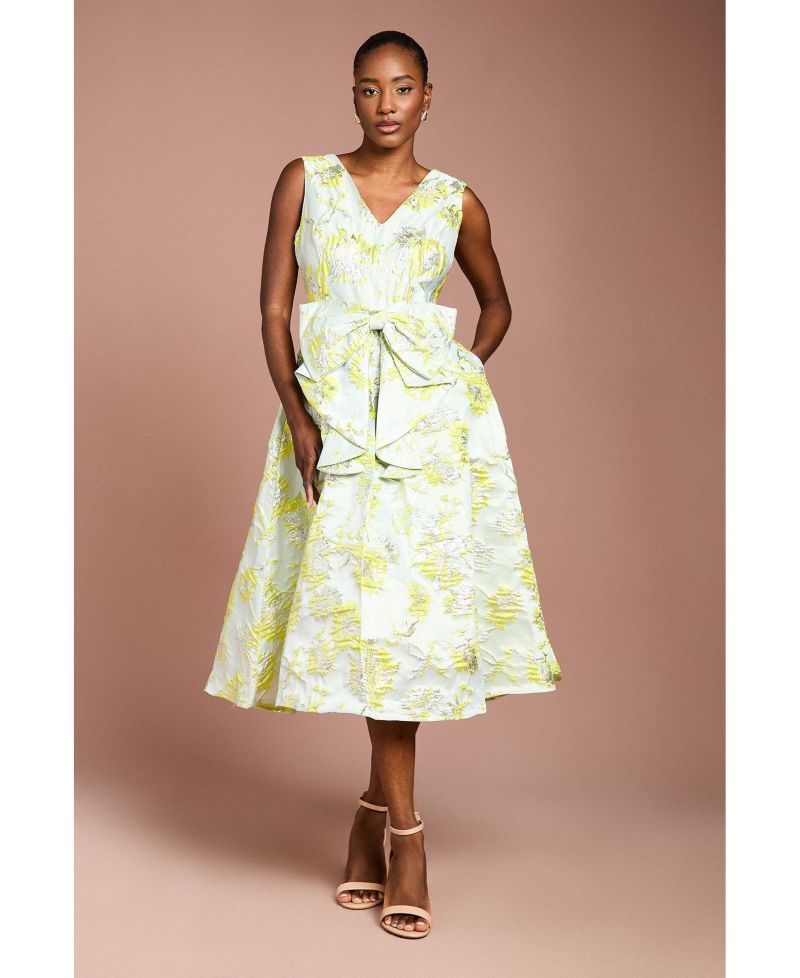 Women's V-Neck Bow Jacquard Midi Dress