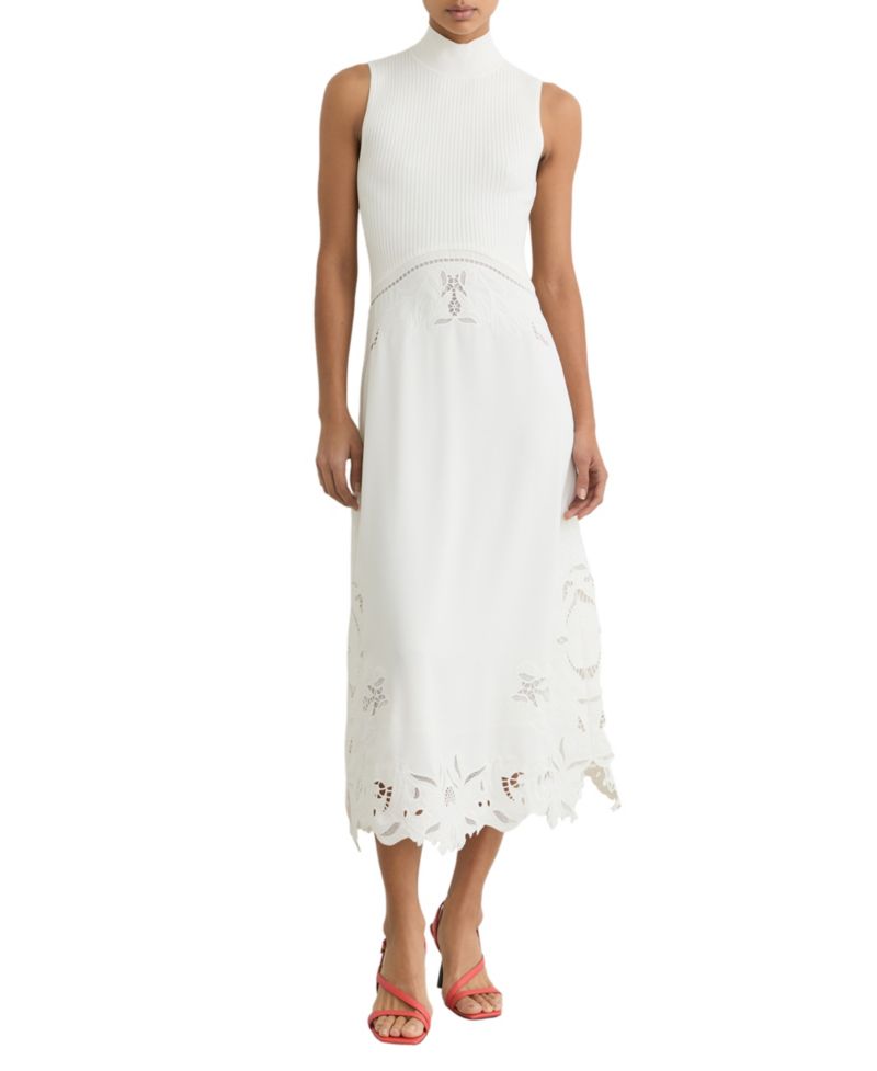Women's Rib-Knit Mix Broderie Midi Dress
