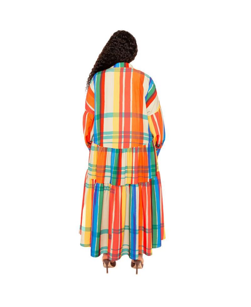 Women's Plus Size Plaid Puff Sleeve Tiered Shirt Dress