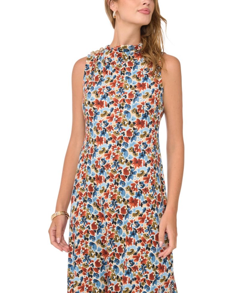 Women's Knit Floral A-Line Sleeveless Midi Dress