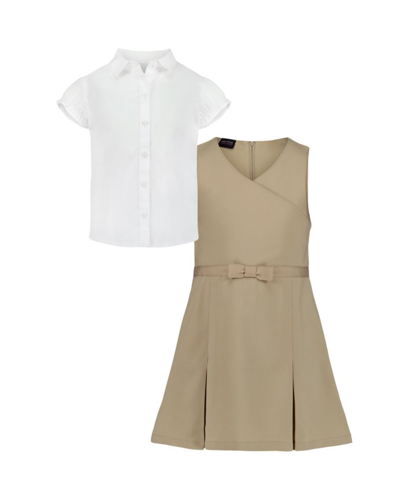 Little Girls 2-Piece Pleat Front Jumper and Stretch Poplin Shirt Set