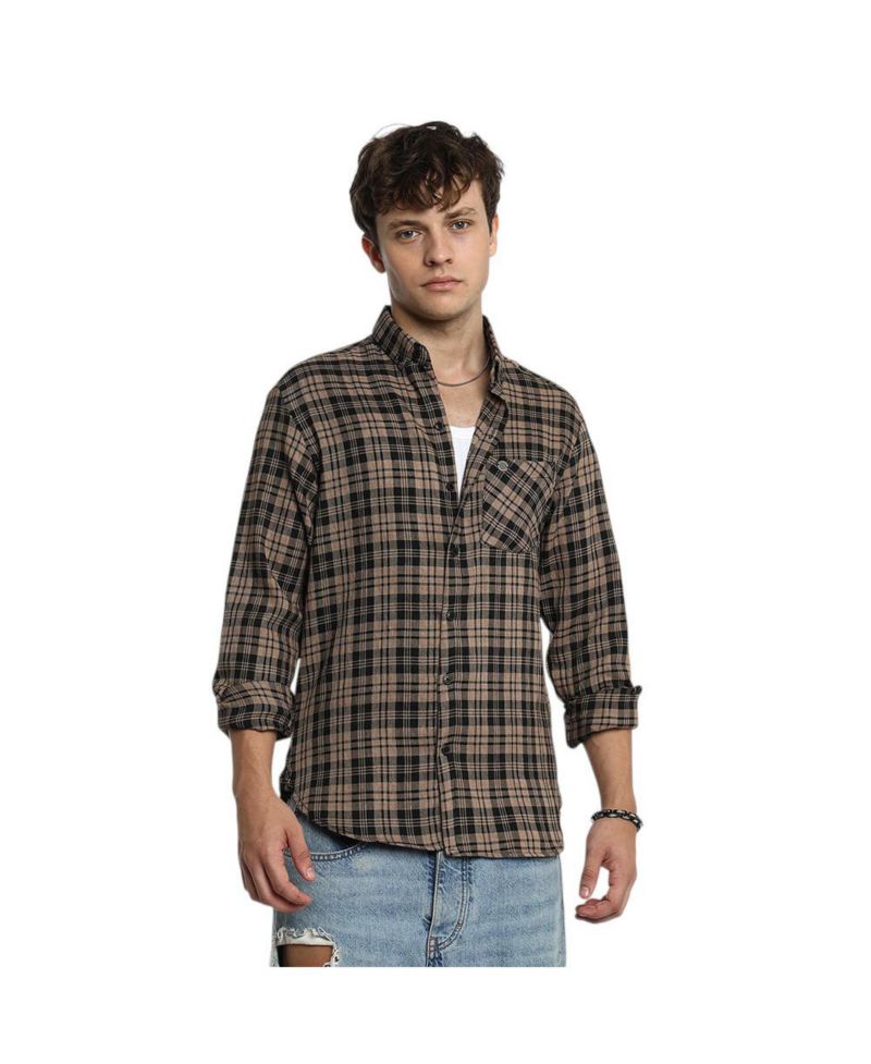 Men's Tan Brown & Charcoal Black Tartan Plaid Shirt