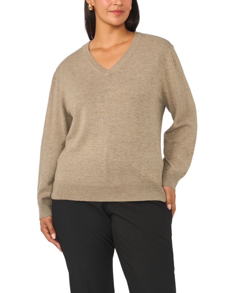 Plus Size V-Neck Long-Sleeve Racking-Trim Sweater