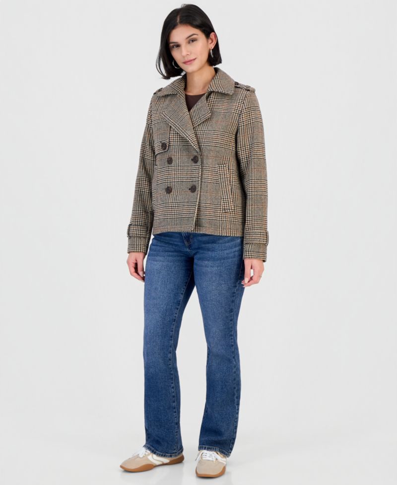 Juniors' Double-Breasted Plaid Notch-Collar Pea Coat