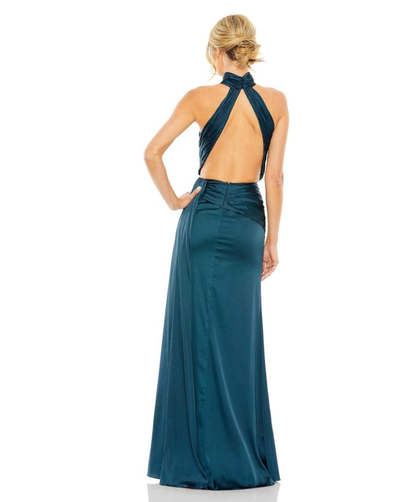 Women's Open Back High Neck Side Ruched Gown