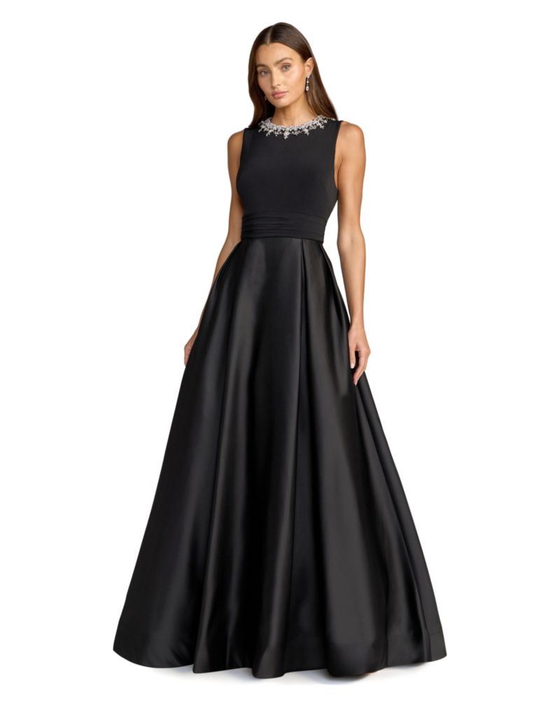 Women's Pearl-Embellished High-Neck Sleeveless A-Line Evening Gown