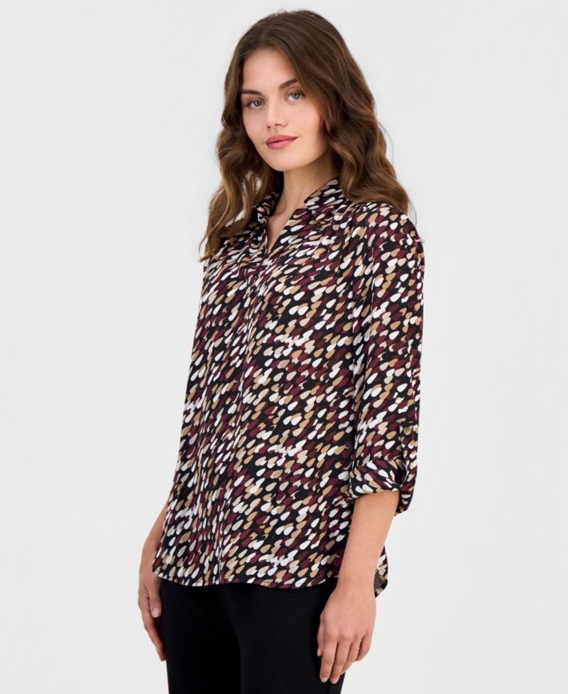 Petite V-Neck Collar 3/4-Length Roll-Tab Sleeves Blouse