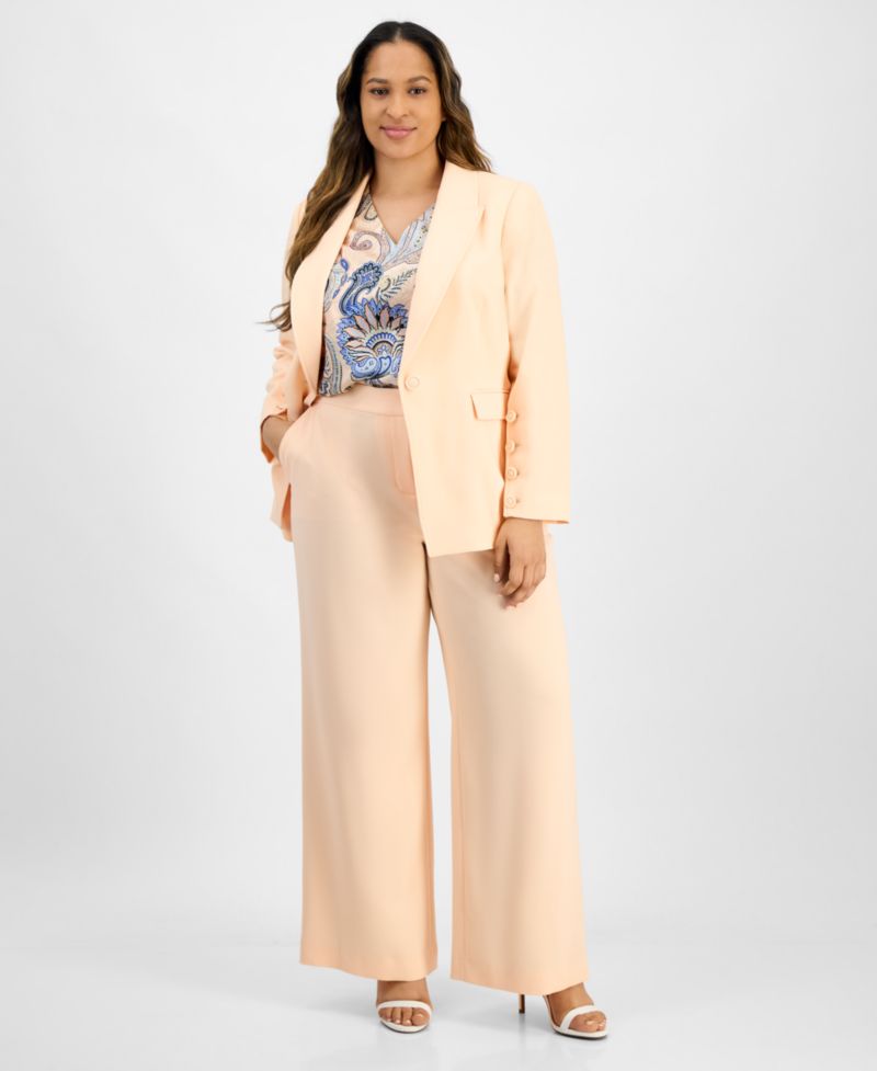Plus Size Single-Button Crepe Blazer & Wide-Leg Pants Suit Separates
