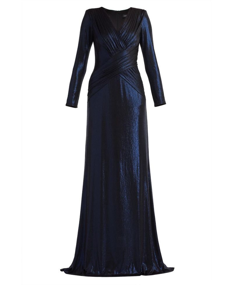 Women's Esau Metallic Crisscross Draped Long-Sleeve V-Neck Wedding Guest Gown