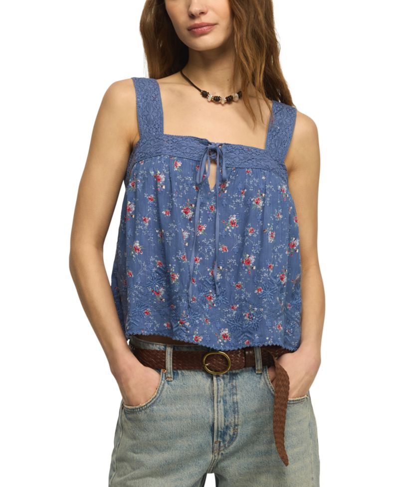 Women's Floral Embroidered Square Neck Tank Top