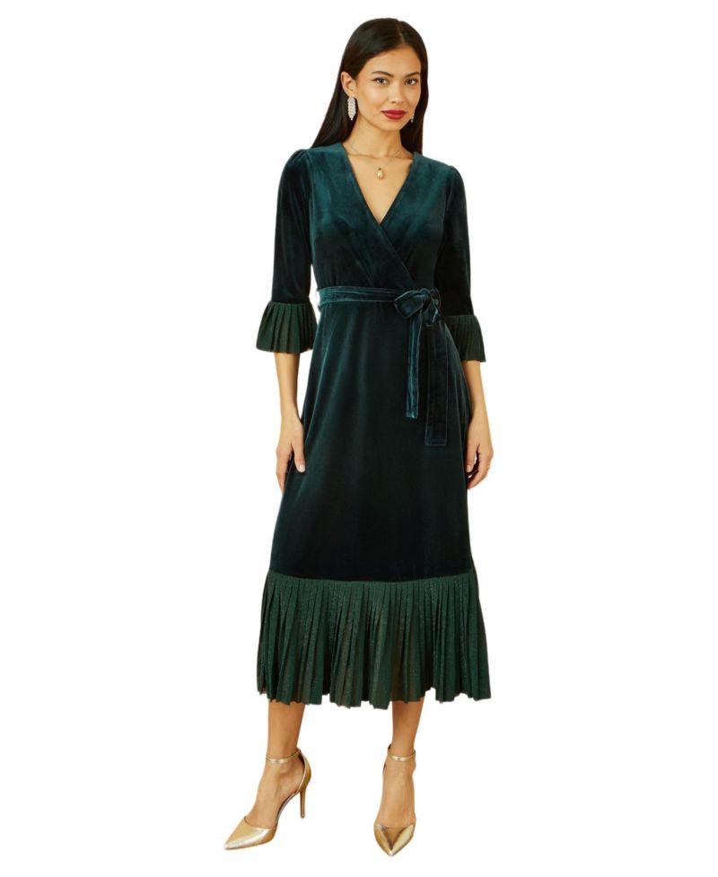 Women's Velvet Midi Pleat Detail Wrap Dress