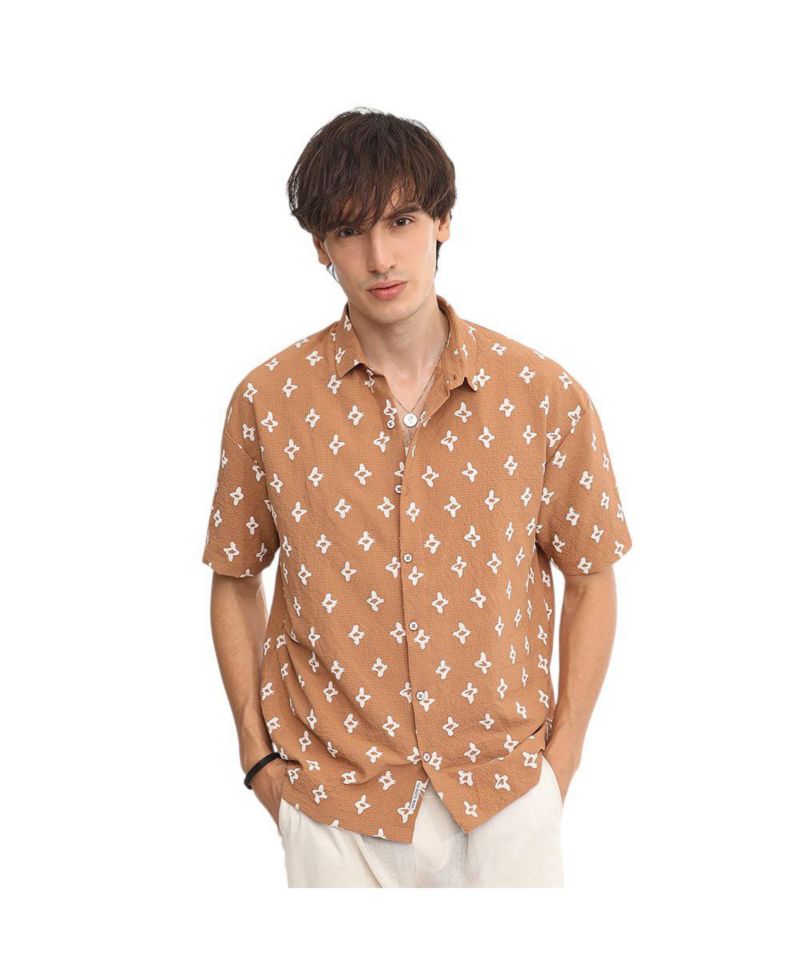 Men's Tan Floral-Tactile Oversized Shirt