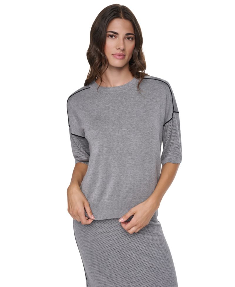 Women's Short-Sleeve Pointelle-Mesh Contrast-Trim Sweater