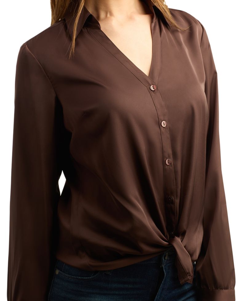 Juniors' Long-Sleeve Button-Up Tie-Front Blouse