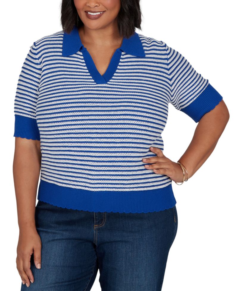 Plus Size Two-Tone Collared Elbow-Sleeve Sweater
