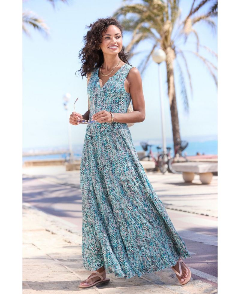 Women's A-Line Printed Notch-Neck Maxi Dress