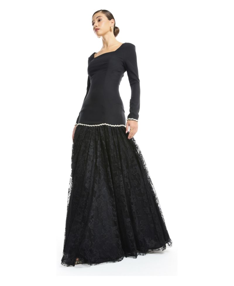 Women's Long Sleeve Square Neck Drop Waist Evening Dress