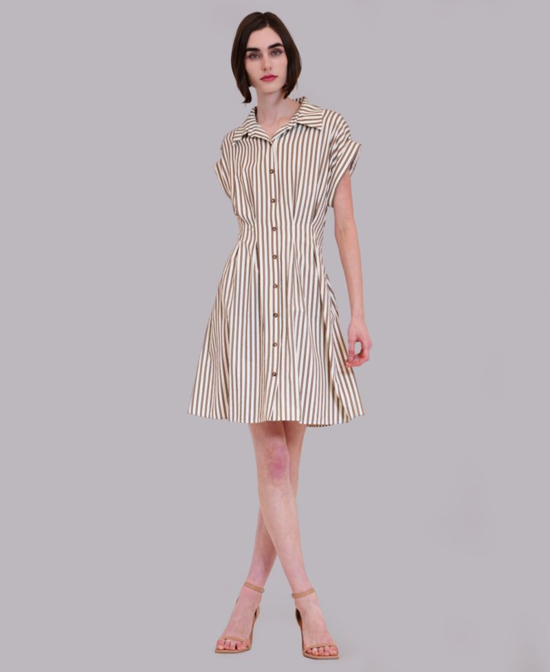 Women's Stripe Collared Neck Mini Shirt-Dress