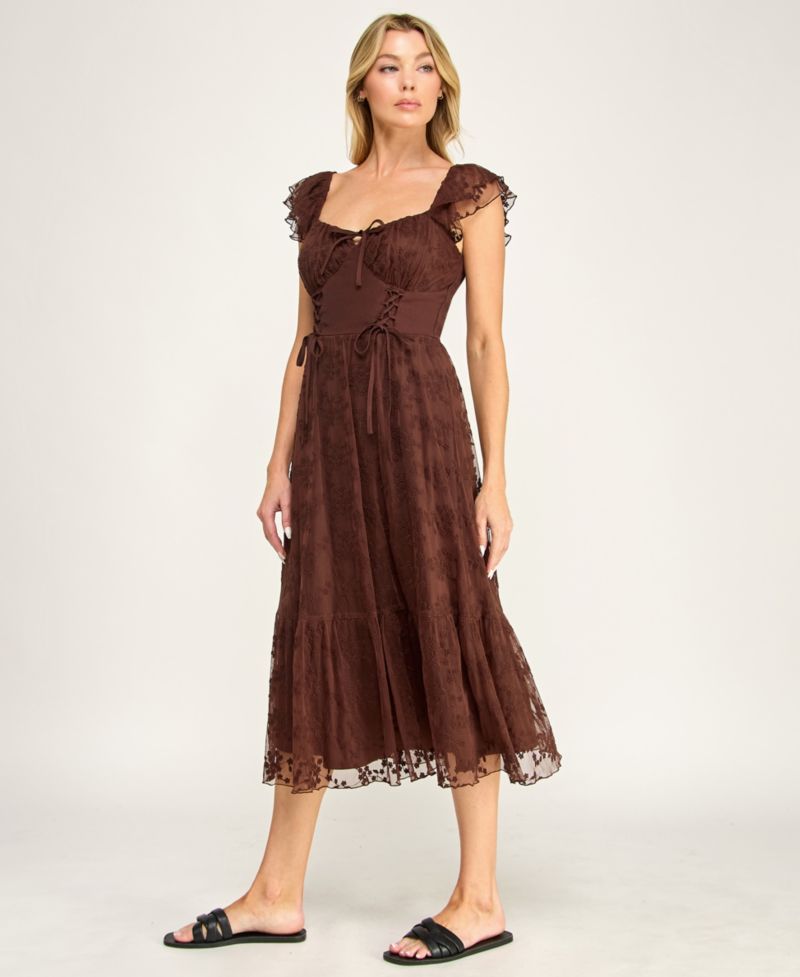 Juniors' Sweetheart-Neck Flutter-Sleeve Lace Midi Dress
