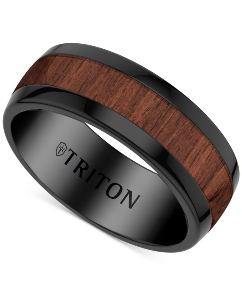 Wood Insert Band Ring in Black Tungsten Carbide