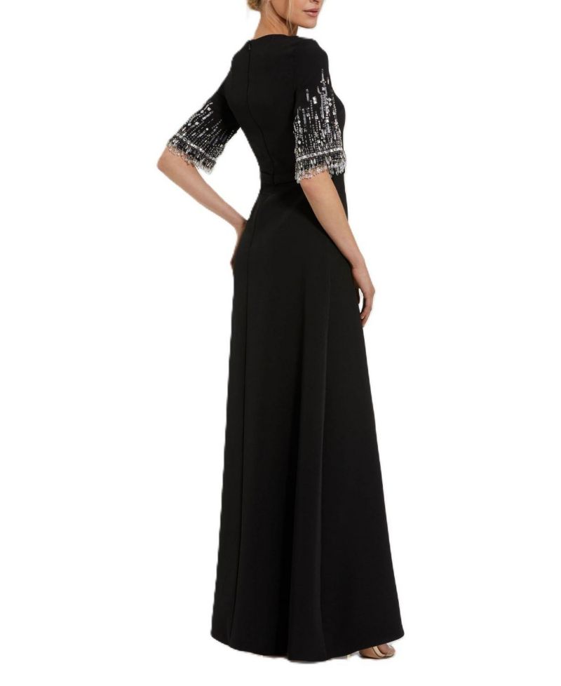 Women's Beaded 3/4 Sleeves Crepe A Line Gown