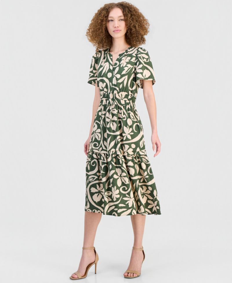 Women's Elastic-Waist Tiered Midi Dress