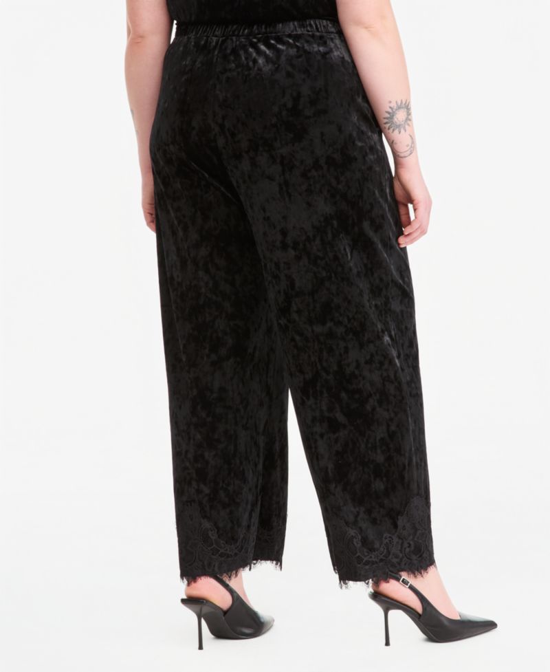 Plus Size Velvet Lace-Trim Wide-Leg High-Waisted Pants