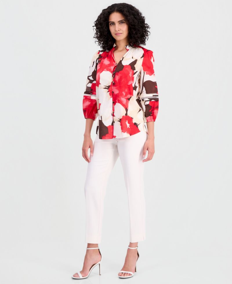 Petite Cotton Ruffled-Neck 3/4-Sleeve Blouse