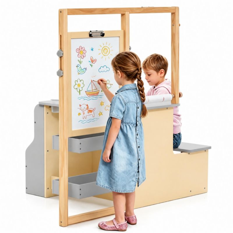 Ages 3+ Double-Sided Adjustable Storage Kids Art Center Wooden Table Bench Set