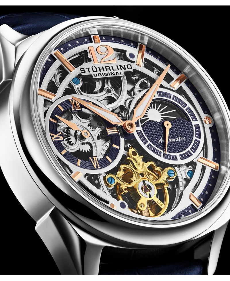 Vanguard 1019.02 Legacy Collection Dual Time Automatic Skeleton Watch 42mm Stainless Steel Blue Dial Leather Strap