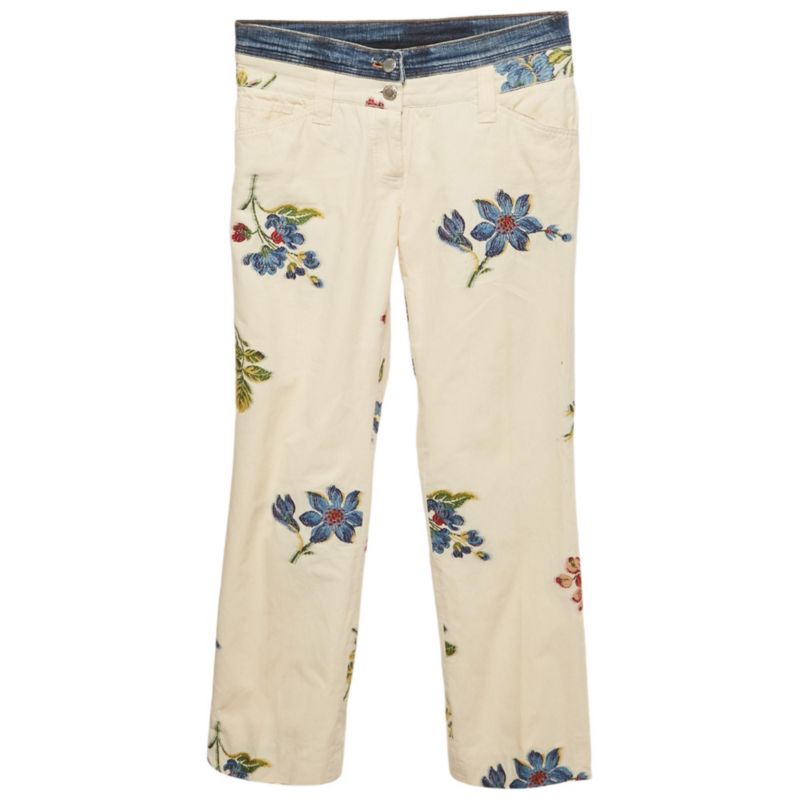 Women's Cream Floral Cross Stitch Printed Cotton Pants