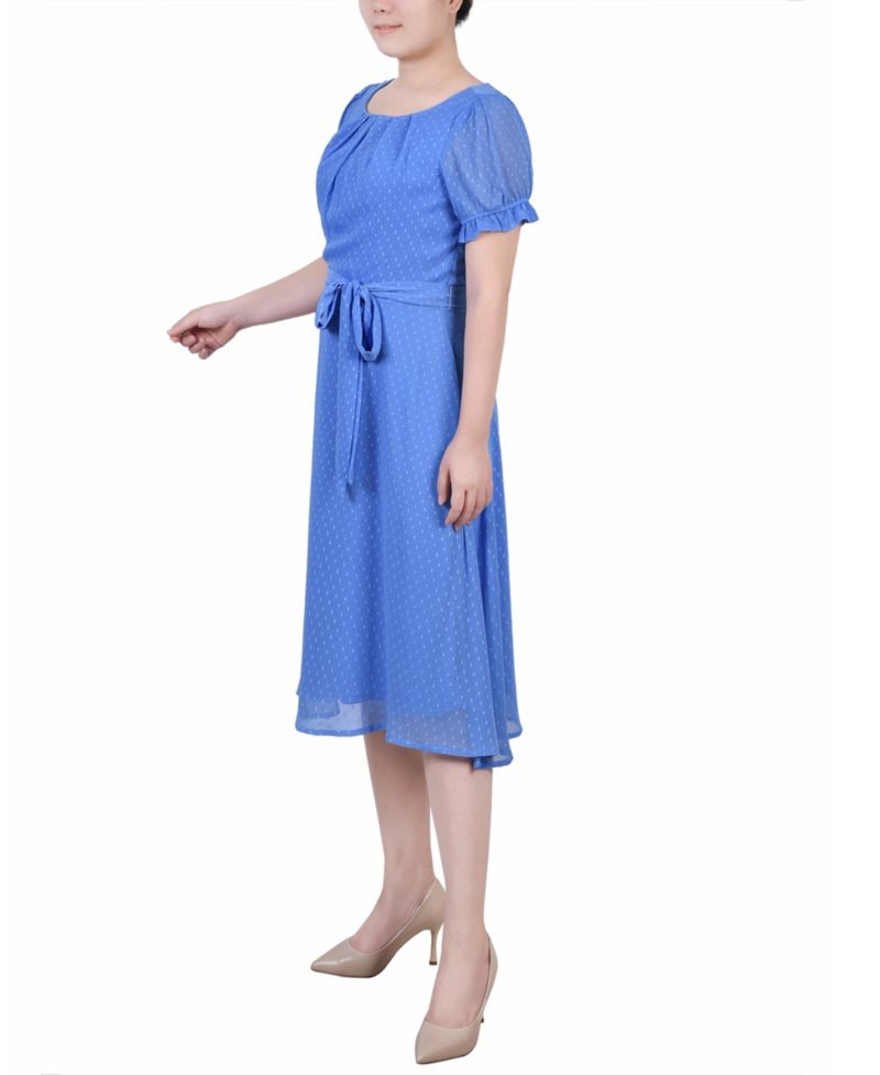 Petite Short Sleeve Belted Swiss Dot Dress