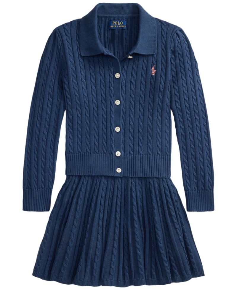 Girls' 2T-6X Cotton Polo Cardigan and Skirt, 2-Piece Set