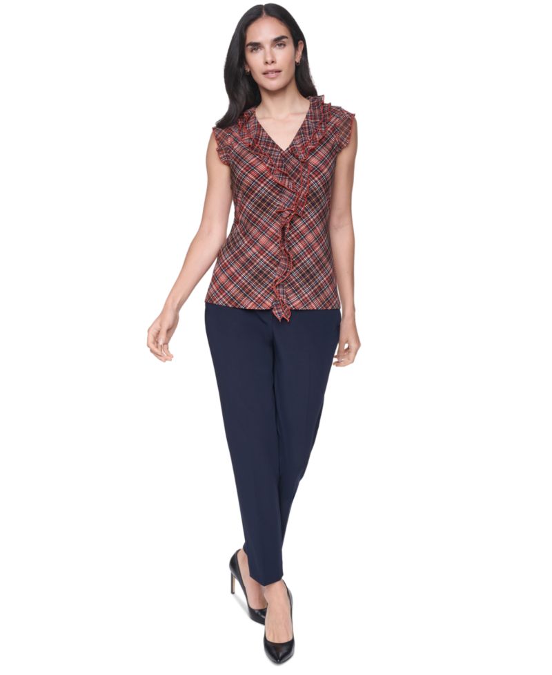 Women's V-Neck Plaid Ruffle Sleeveless Blouse