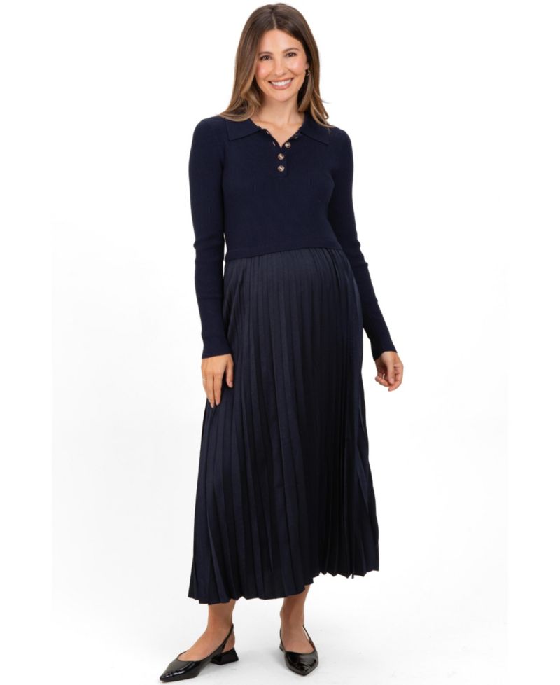 Women's Navy Collared Knit Contrast Pleated Skirt Midi Dress