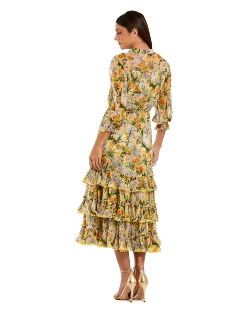 Women's Floral V-Neck Ruffle Tiered Midi Dress with 3/4 Sleeves