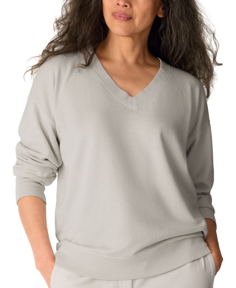 Women's Oversized Long-Sleeve Cotton Garment-Dyed V-Neck Top