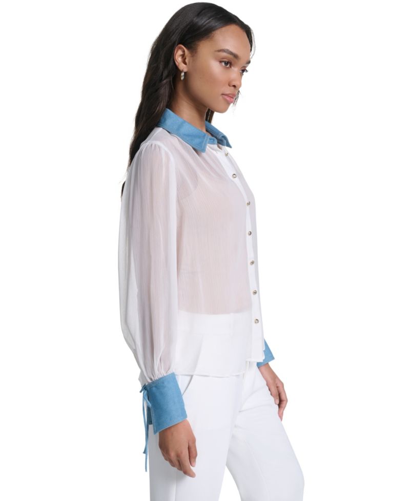 Petite Denim Collar and Cuff Crinkle Chiffon Button-Up Top