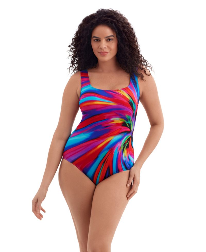 Women's Tie Dye Splash Panel Scoopneck Tank Long Torso One-Piece Swimsuit
